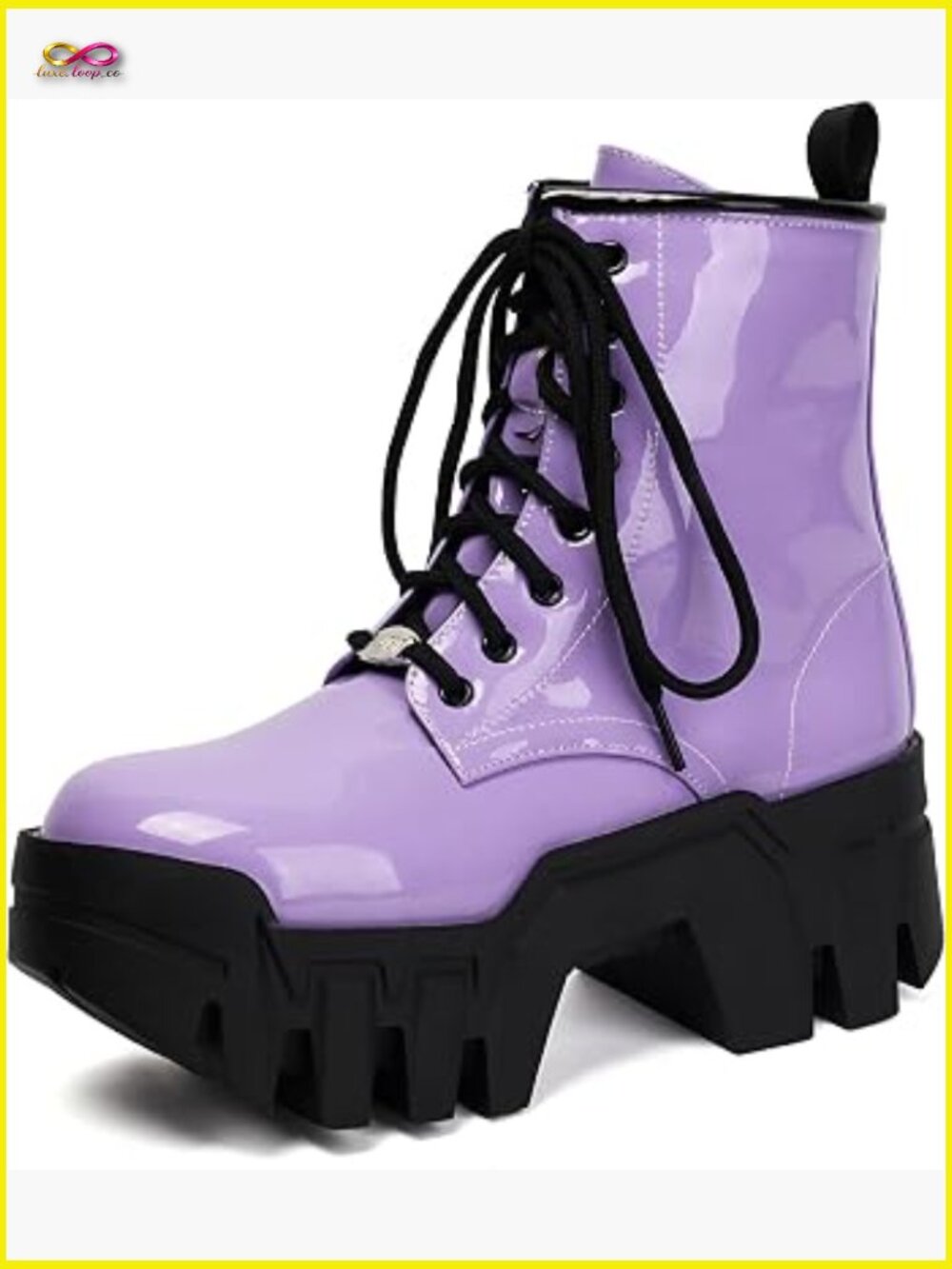 Patent Leather Platform Combat Ankle Boots Lace Up Chunky Heel Goth Y2K Punk
